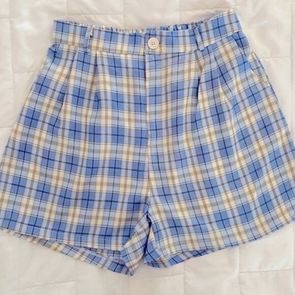 High Waist Shorts Tailored Blue Plaid Pleated Front Pockets Shorts Size L - Picture 2 of 5